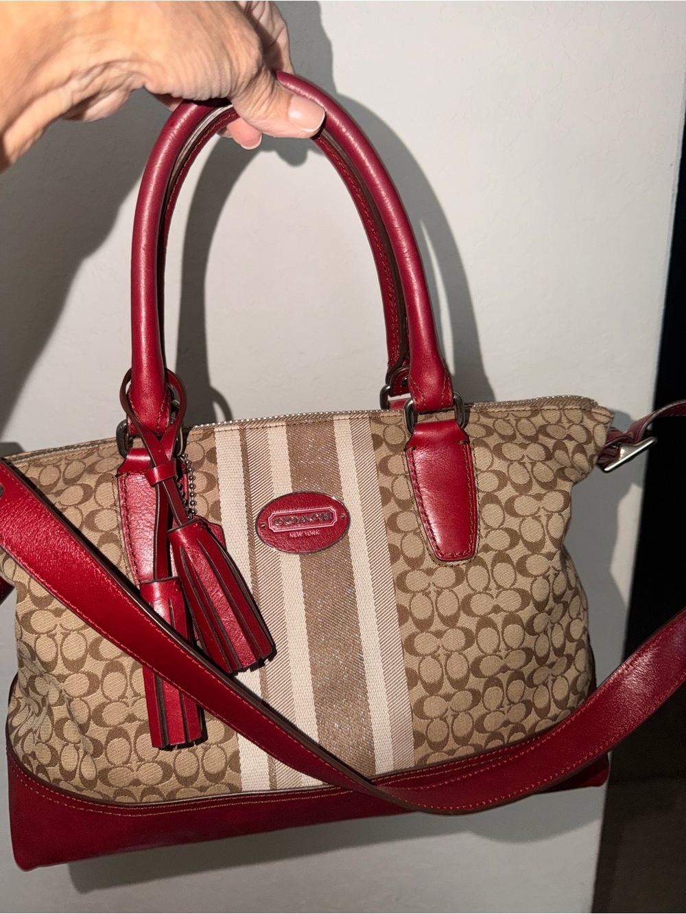 COACH Signature Stripe Satchel • Tan & Red • Tassel & Shoulder Strap